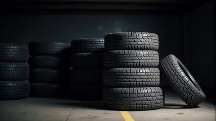 Stacked tires with one leaning in dark industrial setting
