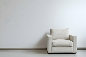 Armchair placed against a blank white wall, offering a minimalist interior design with a modern aesthetic.