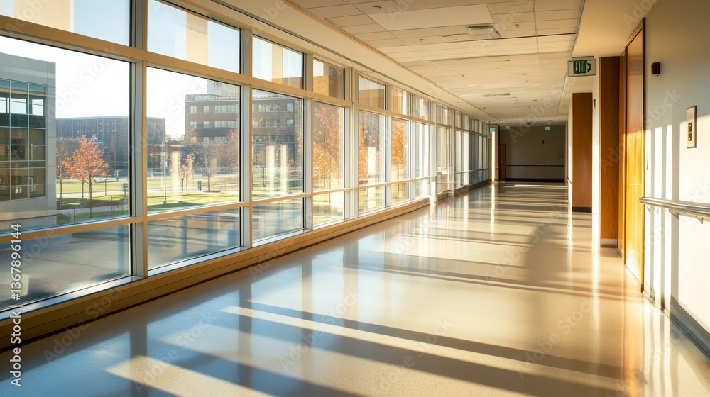 Aufkleber Empty hallway illuminated by sunlight filtering through large windows, creating a serene ambiance with long shadows on the polished floor