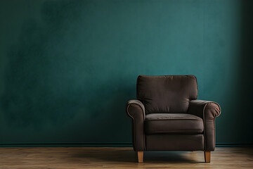 A brown armchair stands against a dark green wall in a living room setting.