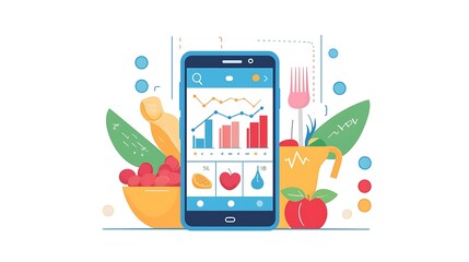 Mobile food tracker app with healthy food illustrations.  Visual representation of a food diary, nutritional analysis, and progress tracking.  Features include meal planning