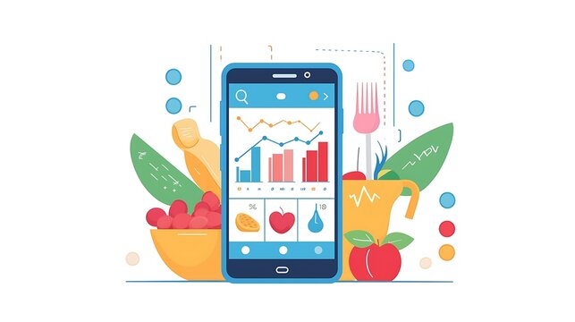 Mobile food tracker app with healthy food illustrations.  Visual representation of a food diary, nutritional analysis, and progress tracking.  Features include meal planning