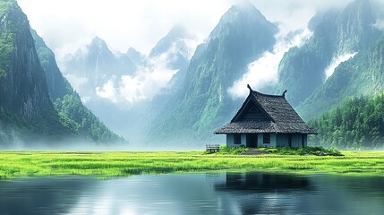 Obraz premium House on field by lake with mountains in the background