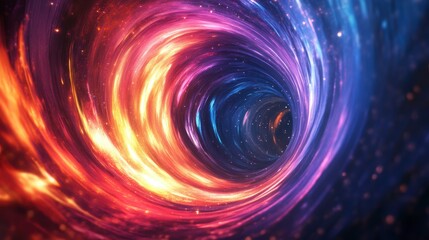 Abstract swirling cosmic tunnel of vibrant colors and stars.