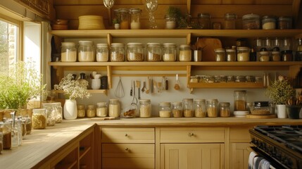 A functional kitchen with natural wood shelves, glass storage jars, and toxin-free wooden cabinets.