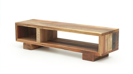 A functional storage unit made from repurposed wood, featuring open shelving and a minimalist aesthetic.