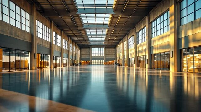 Warehouse Interior: A spacious, modern warehouse interior showcasing its architecture and design, with the play of light and shadow adding to the visual narrative. 
