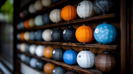 Handcrafted Paper Lanterns Arranged on Wooden Table with Natural Lighting
