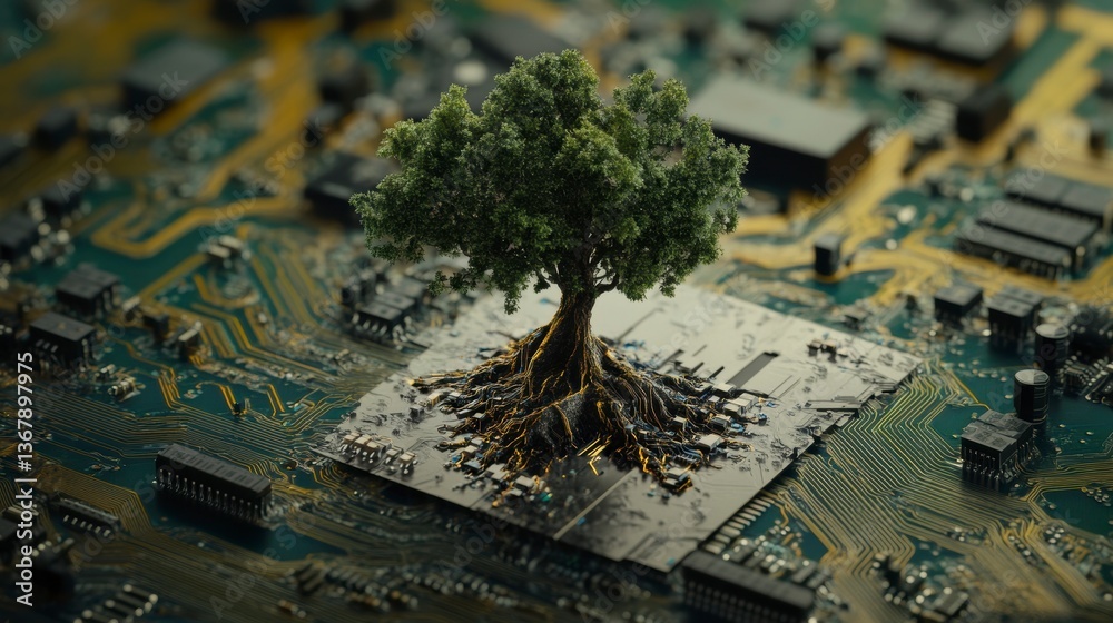 Aufkleber Lush green tree growing from a computer circuit board.