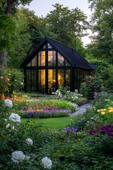 Peaceful Garden View Featuring an Elegant Greenhouse Surrounded by Flowers