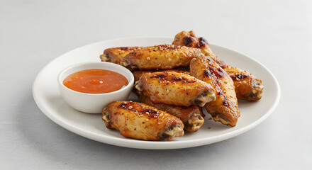 Grilled chicken wings served with a side of tangy dipping sauce. A savory appetizer or snack concept, perfect for casual dining, party foods, or casual get-togethers, with a minimalist background.

