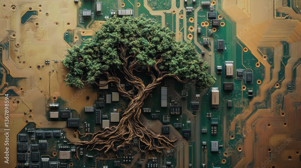 Poster A lush green tree with intricate roots sits atop a complex circuit board, symbolizing nature and technology's interconnectedness.