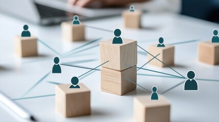 Connected wooden blocks representing teamwork and network in business with human icons.