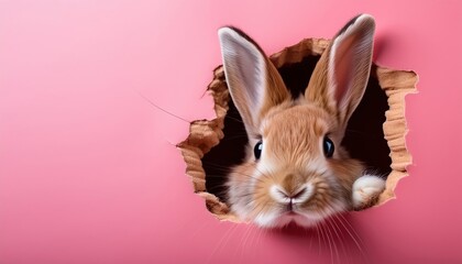 Obraz premium Curious rabbit peeking through torn pink paper