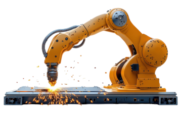 A powerful robotic arm expertly welding metal, sparks flying in a dynamic display of industrial precision against a clean white background.