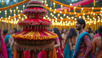 Obraz premium Navaratri product display background podium, Dandiya Utsav, red and gold fabric, lively Garba and Dandiya celebration, colorful chaniya cholis, kediyu jackets, energy, joy, podium platform