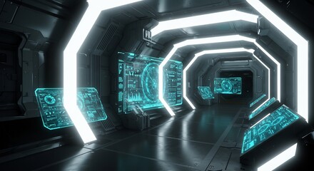 未来都市輝く通路 青白い光が幻想的空間演出