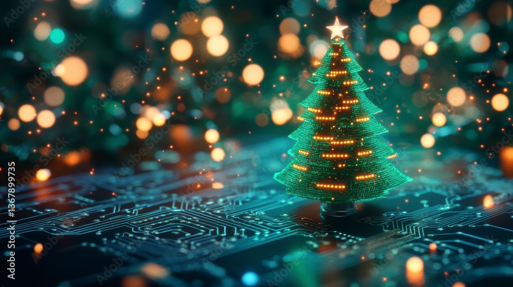 Poster Digital Christmas tree on circuit board with bokeh lights.