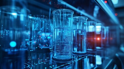 Fototapeta premium Laboratory Beakers with Digital Overlay Showcasing Pharmaceutical Research and Development