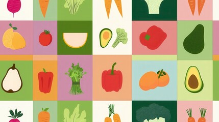 Colorful Collage of Fresh Vegetables and Fruits in Bright Patterns