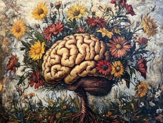 Brain Surrounded by Colorful Flowers Symbolizing Creativity and Growth