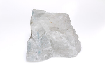 Natural Rough Moonstone Mineral Specimen with Translucent White and Blueish Crystal Structure on White Background