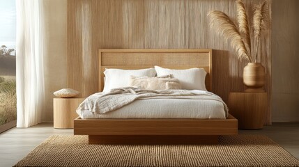 A serene bedroom with a solid oak bed frame, handmade cotton bedding, and a woven seagrass rug.