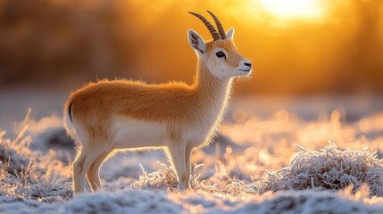 Obraz premium Young antelope in sunrise frost
