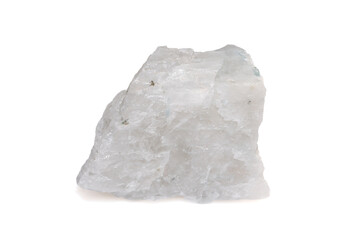 Isolated Raw Natural Moonstone Crystal Specimen with Soft White Translucent Appearance on Plain White Background