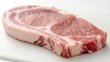 Fresh Raw Pork Ribeye Steak on a White Cutting Board