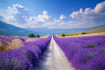 Obraz premium A road lined with blooming lavender fields, with the scent of lavender filling the air under a bright, sunny sky