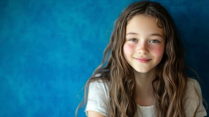 Cheerful long-haired girl exudes joy, vibrant energy radiates in a creative moment.