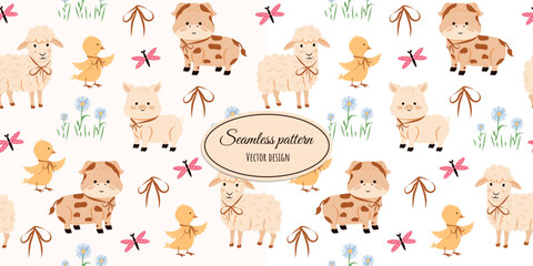 Delicate seamless pattern with cute pets. Ram, pig, cow, duck and flowers, hand-drawn in a modern style. Vector flat illustration in vintage style.