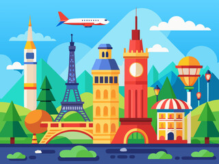 illustration of famous world landmarks travel    