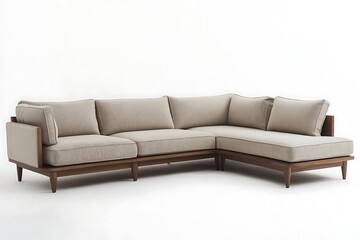 Modern Sectional Sofa with Walnut Wood Frame and Beige Upholstery. This stylish and comfortable sofa is perfect for any living room.