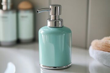 Obraz premium Elegant Aqua Soap Dispenser with Chrome Pump in Modern Bathroom Setting.