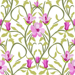 Colorful pattern features pink flowers and green foliage arranged elegantly on a white backdrop.