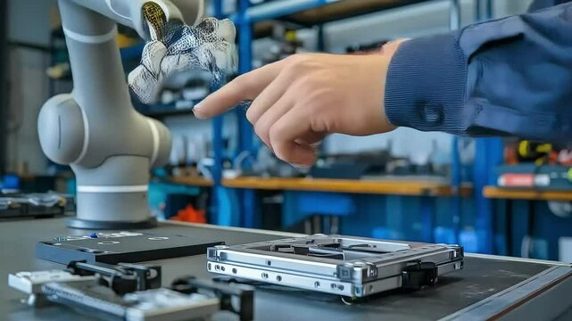 Human hand works on mechanical part alongside collaborative robotic arm hand in workshop setting