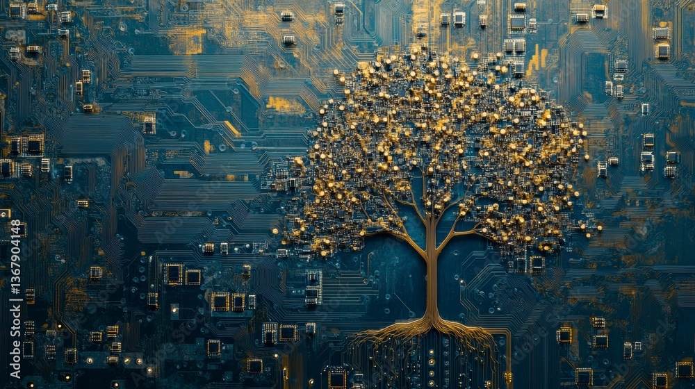 Aufkleber golden tree on a technological circuit board background.