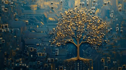 Golden tree on a technological circuit board background.