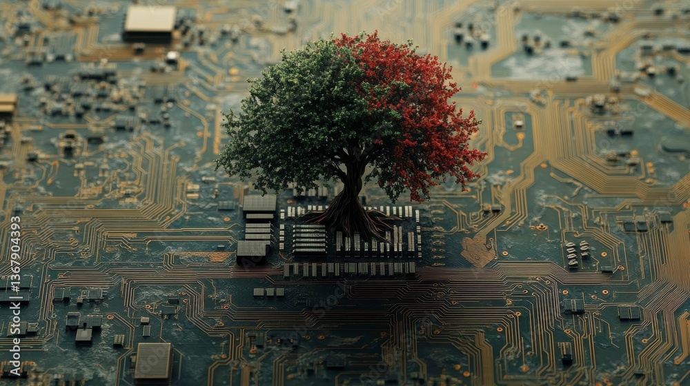Poster a vibrant tree with green and red leaves grows from a circuit board, symbolizing technology and natu