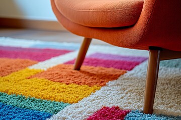 Modern Orange Chair Leg on Colorful Rug - Home Decor Detail. A close-up shot showcasing the leg of an orange armchair resting on a vibrant, multicolored rug.