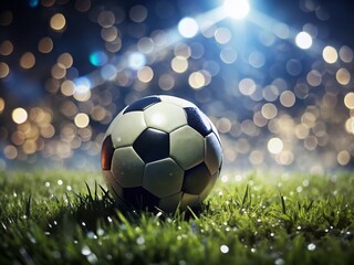 Fototapeta premium Night Soccer Ball on Grass - High-Resolution Stock Photo