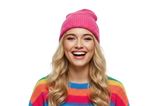 A cheerful young woman with blonde hair wearing a bright rainbow-colored sweater isolated on transparent background - Powered by Adobe