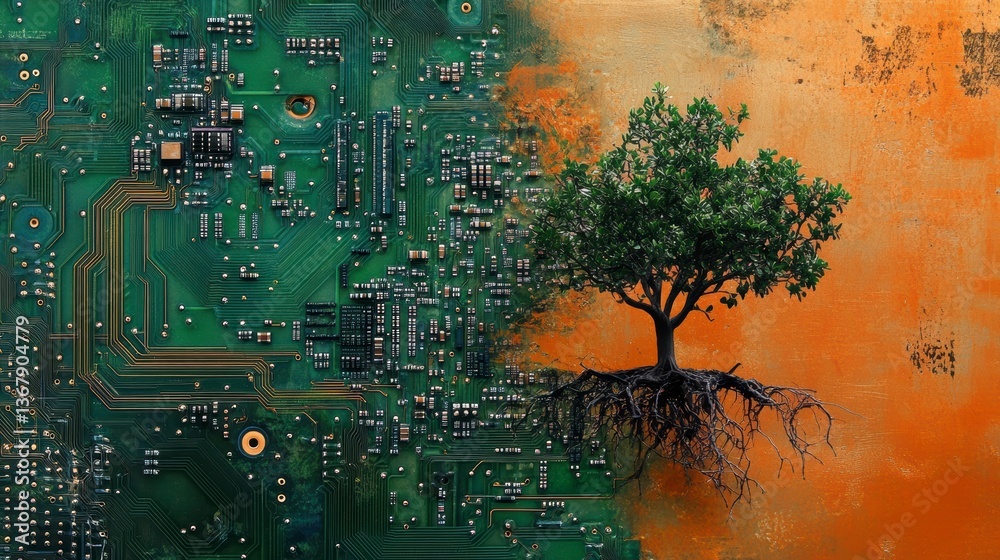 Poster a vibrant green circuit board contrasts with a rustic orange background, a lush green tree with expo