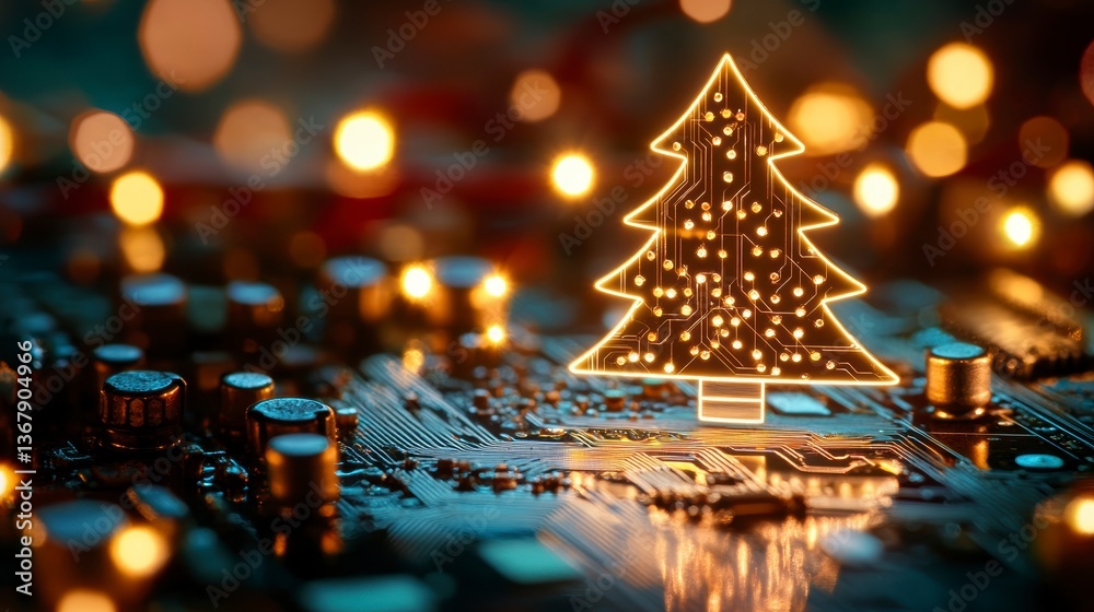 Poster illuminated circuit board with glowing christmas tree design.