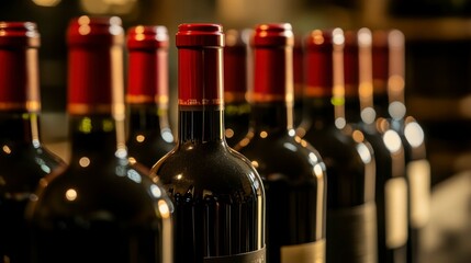 A row of wine bottles, softly lit, showcasing elegance and craftsmanship in a timeless display.