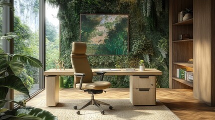 A sustainable workspace with a toxin-free plywood desk, a hemp office chair, and a wool area rug.