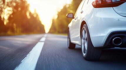 Modern car cruising on an open road, embodying sleek design and freedom in motion.