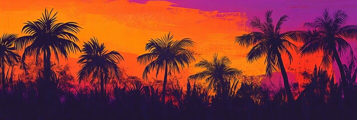 Obraz premium Palm trees silhouette at sunset with colorful sky.